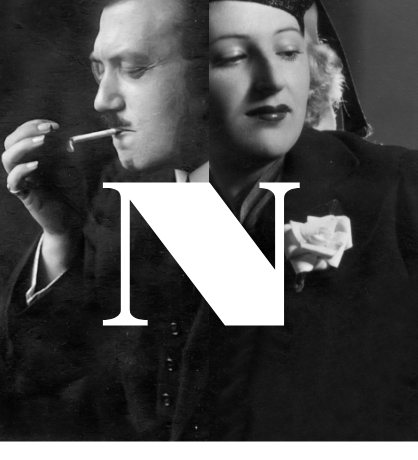 
Black and white vintage portrait of man smoking and woman with rose brooch, letter N overlay