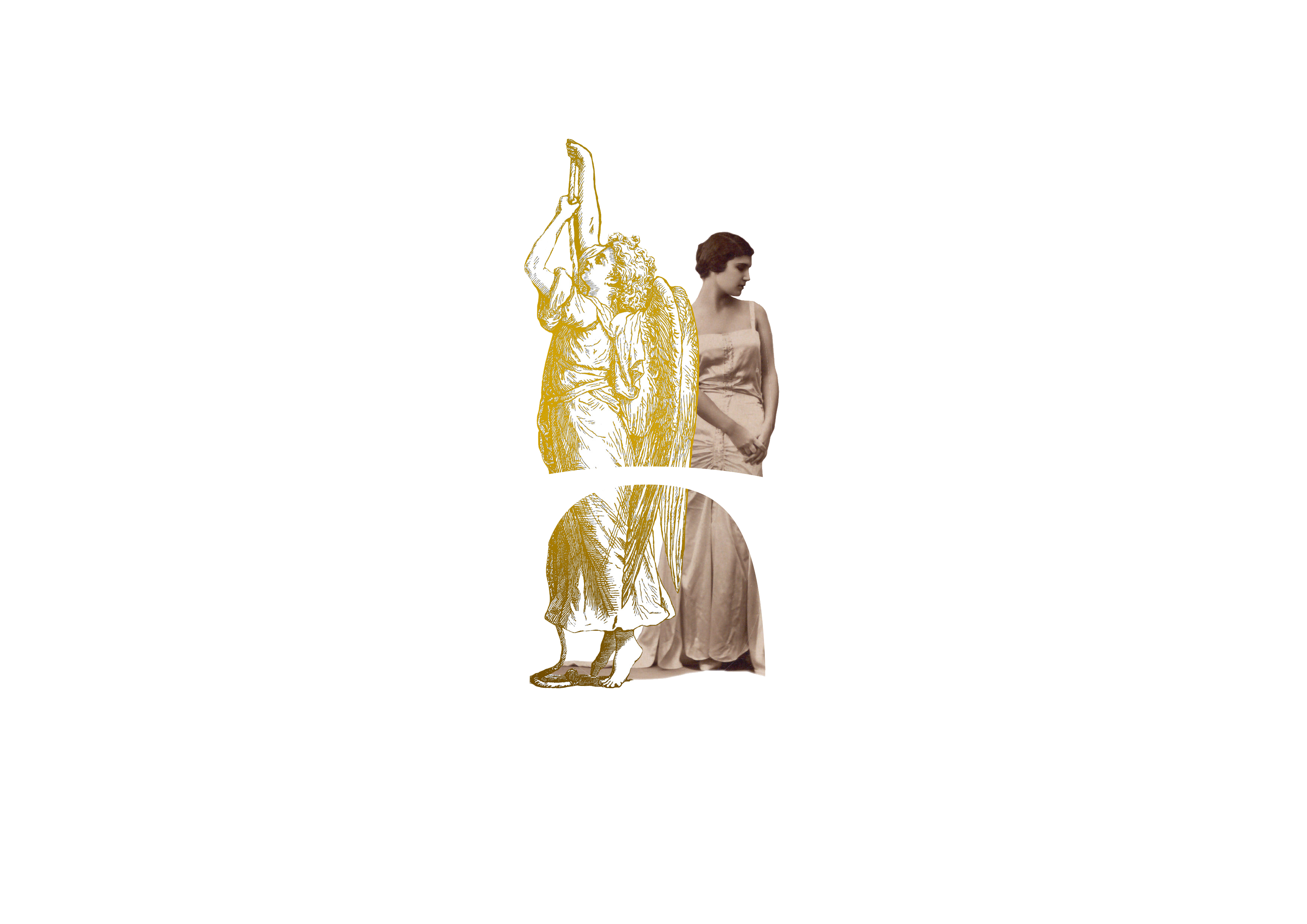 
Artistic collage with golden angel raising trumpet and vintage woman in evening dress