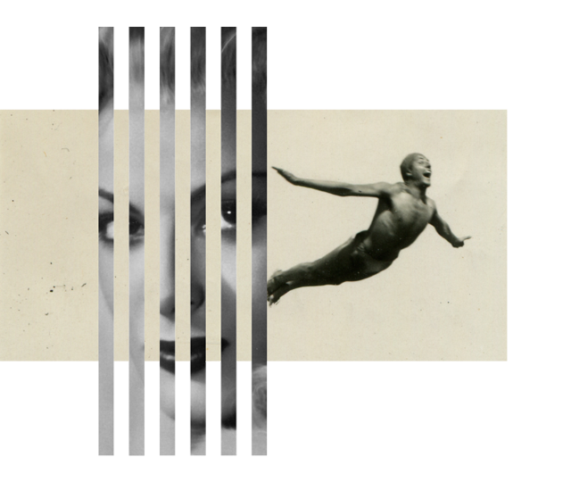 
Artistic collage of vintage diver mid-air fragmented portrait with geometric spit design