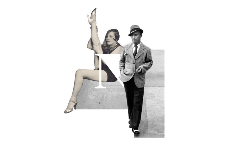 Vintage collage featuring dancer with raised leg and man in suit with fedora