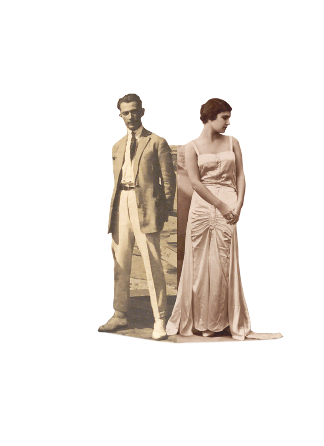 Vintage collage featuring a man in a suite and a woman in an elegant gown