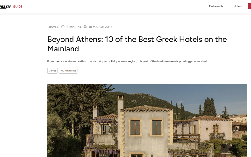 Michelin representing ON Residence hotel as one of the ten best Greek hotels in mainland