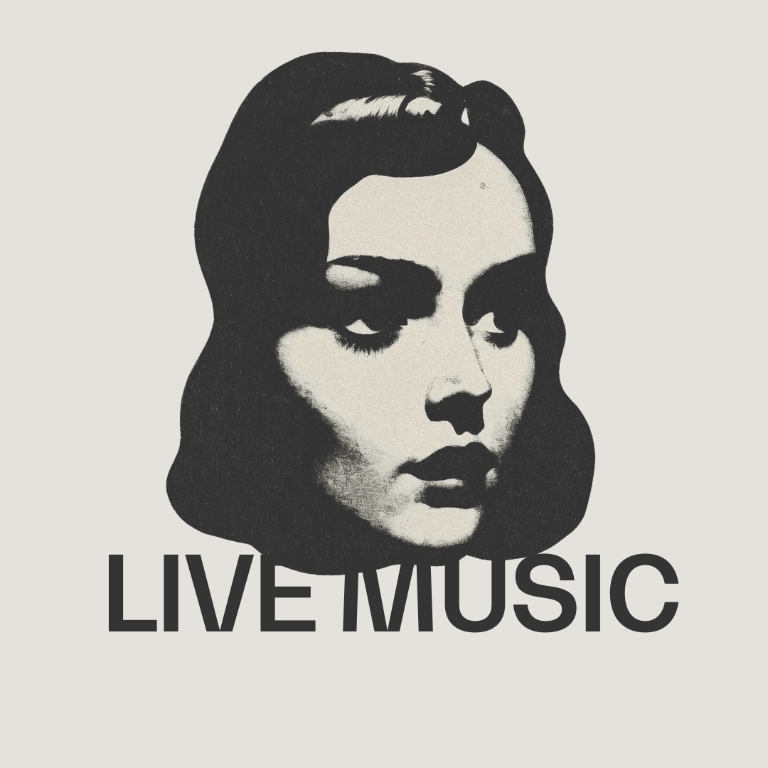 
Illustration of vintage woman with live music text on it