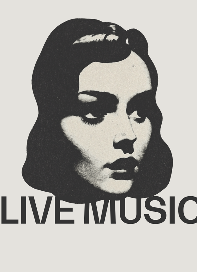 Illustration of vintage woman with live music text on it