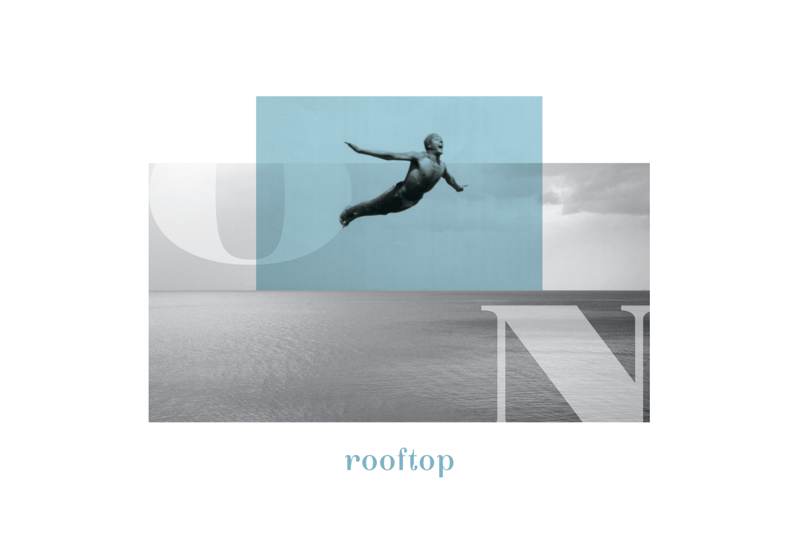
Minimal rooftop bar graphic with swimmer silhouette over sea horizon and blue accent