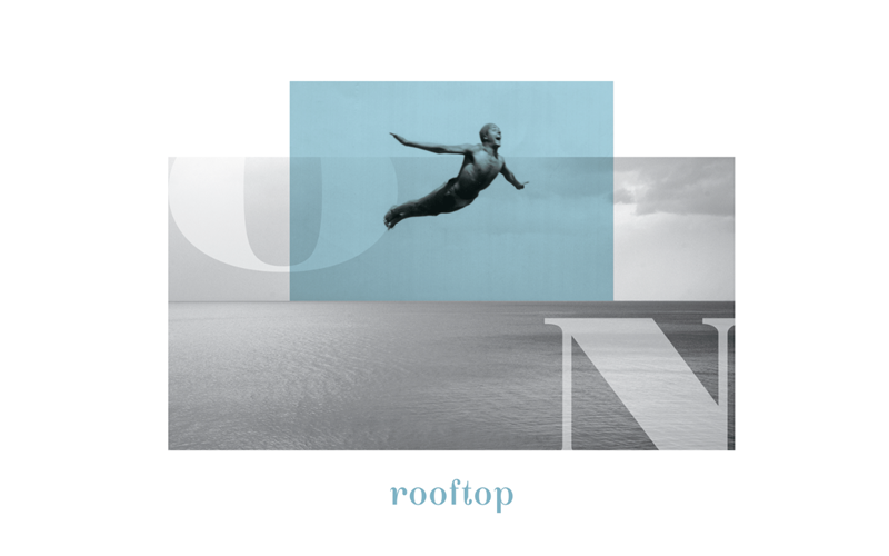 Minimal rooftop bar graphic with swimmer silhouette over sea horizon and blue accent