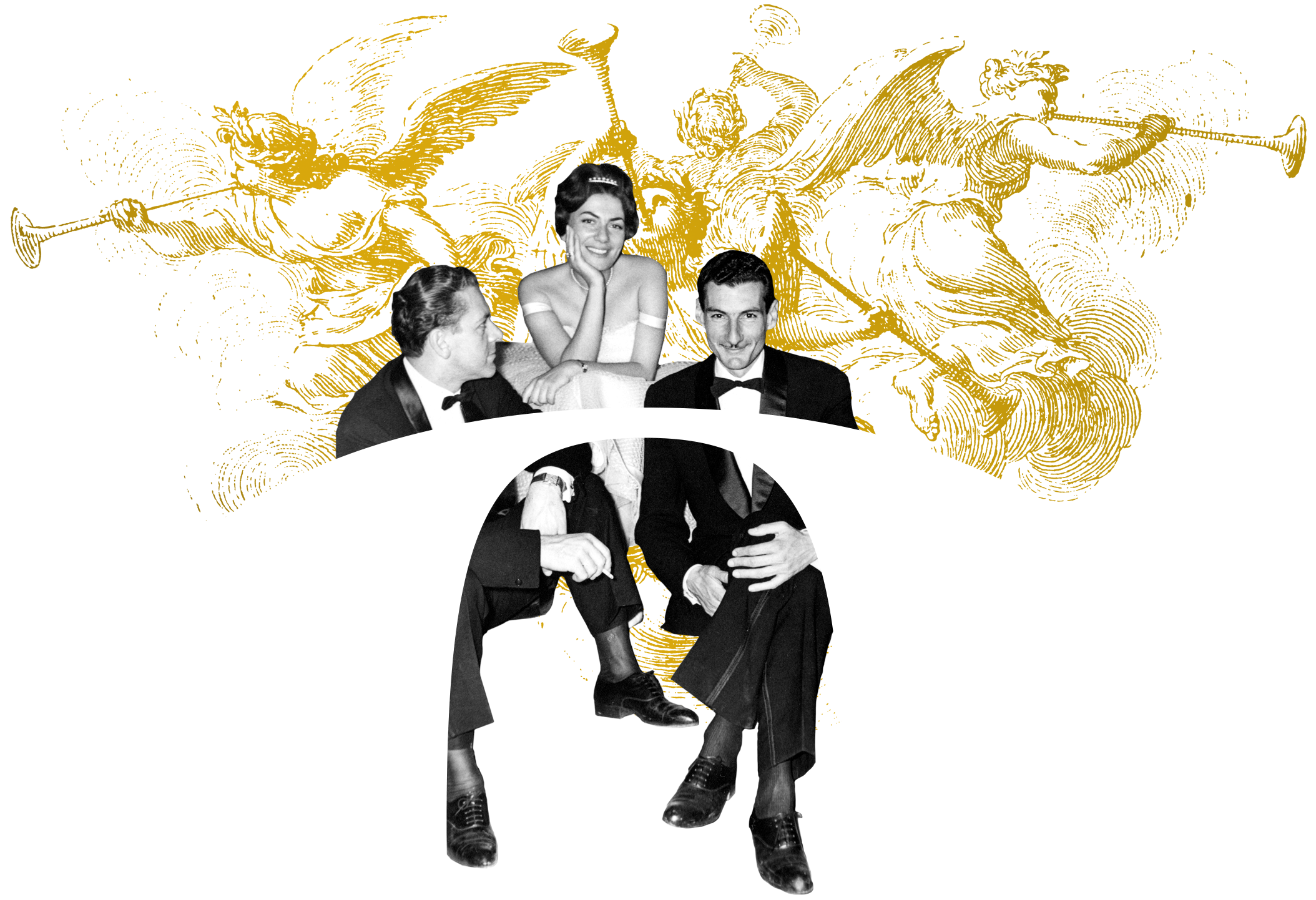 
Retro collage with elegant men in tuxedos and a smiling woman framed by golden trumpet-playing angels 