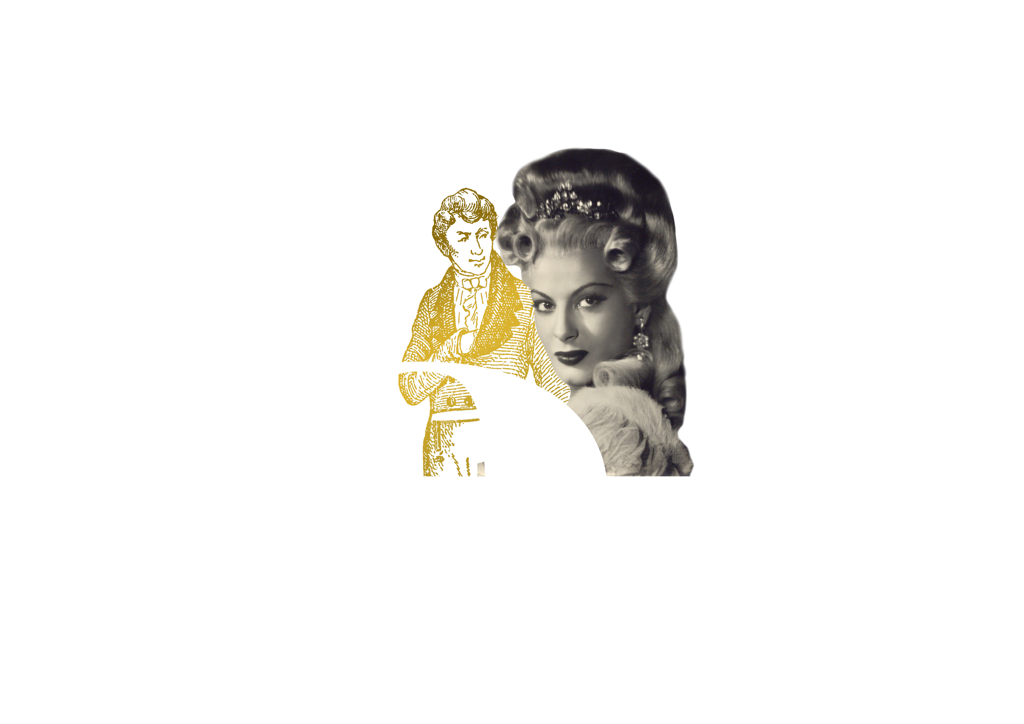 
Vintage collage with golden gentleman illustration and glamorous woman in retro hairstyle 